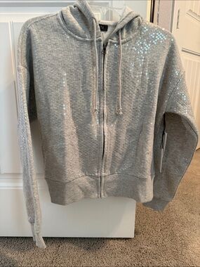 NWT 1.STATE Light Gray Zip-Front Sequin Hoodie with Hood